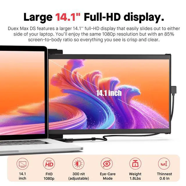 Alt view image 3 of 7 - Mobile Pixels New Duex Max DS 14.1'' FHD 1080p Laptop Screen Extender | USB Type-C/HDMI Ports, Portable Monitor for 14'' to 17 Inch Laptops, Coatible with macOS/Windows/Apple/Android/Switch