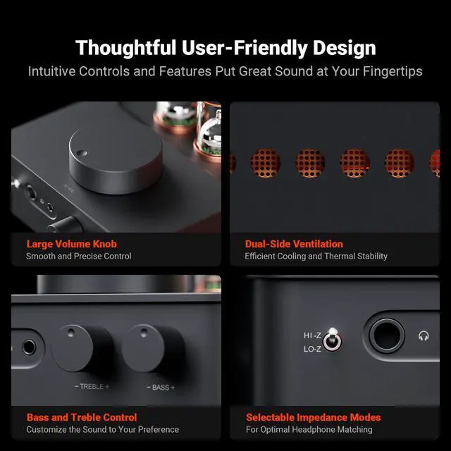 Alt view image 4 of 7 - GR70 Tube Headphone Amp Preamp, Authentic Tube-Amplification with Vacuum 5654W*2 & 6AC7*2, Mini HiFi Preamplifier for Home Audio, 3.5mm & 6.35mm Jacks Supporting 16-300 ohms Impedance