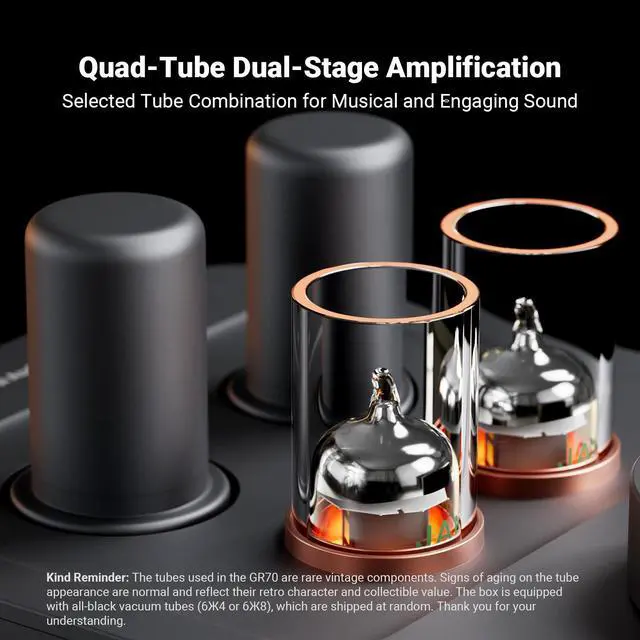 Alt view image 3 of 7 - GR70 Tube Headphone Amp Preamp, Authentic Tube-Amplification with Vacuum 5654W*2 & 6AC7*2, Mini HiFi Preamplifier for Home Audio, 3.5mm & 6.35mm Jacks Supporting 16-300 ohms Impedance