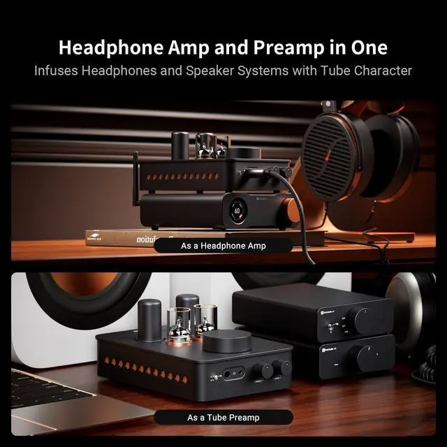 Alt view image 5 of 7 - GR70 Tube Headphone Amp Preamp, Authentic Tube-Amplification with Vacuum 5654W*2 & 6AC7*2, Mini HiFi Preamplifier for Home Audio, 3.5mm & 6.35mm Jacks Supporting 16-300 ohms Impedance