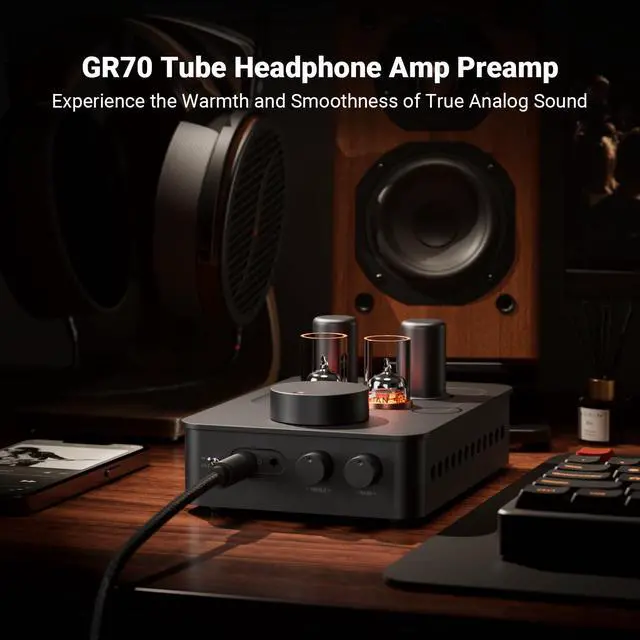 Alt view image 2 of 7 - GR70 Tube Headphone Amp Preamp, Authentic Tube-Amplification with Vacuum 5654W*2 & 6AC7*2, Mini HiFi Preamplifier for Home Audio, 3.5mm & 6.35mm Jacks Supporting 16-300 ohms Impedance