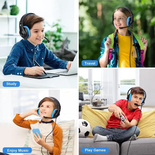 Alt view image 6 of 6 - Kids Headphones, Over-Ear Girls Boys Gaming Headphones with Microphone and Volume Control for Kids Teens Online School, TravelBlue