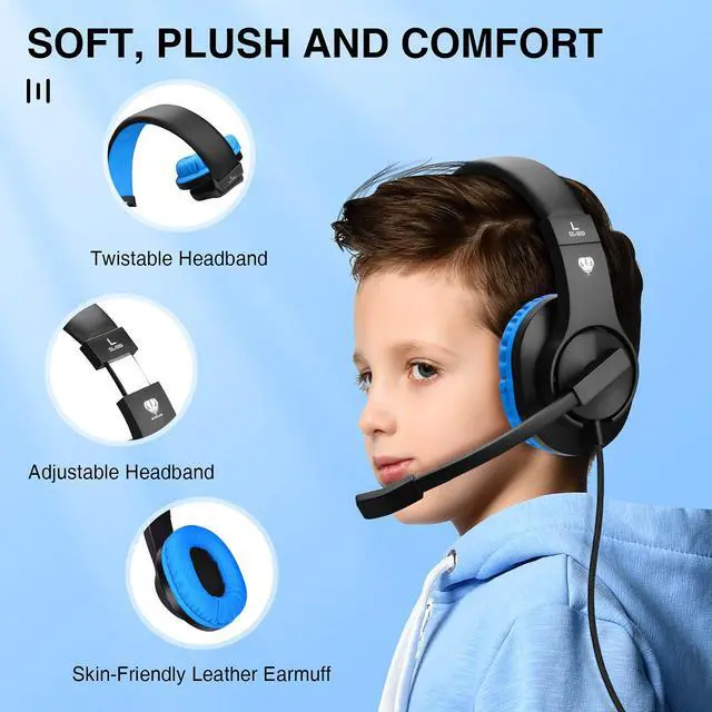 Alt view image 3 of 6 - Kids Headphones, Over-Ear Girls Boys Gaming Headphones with Microphone and Volume Control for Kids Teens Online School, TravelBlue