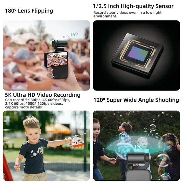 Alt view image 2 of 7 - M3 Pocket Camera, 4K 60FPS Handheld Video Camcorder | 5K & 3.5'' Rotatable IPS Screen| WiFi & Night Vision Camera for Vlogging | with 3250mAh Battery, 64G Card, Mini Bracket