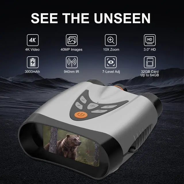 Alt view image 2 of 6 - Night Vision Goggles Binoculars Gift for Men Dad Husband | 4K IR, 10X Zoom, 3.0" HD Screen, 3000mAh Battery, Day&Night Use, Wildlife/Camp, Unique Tech Gift,Bday/Xmas/FatherDay