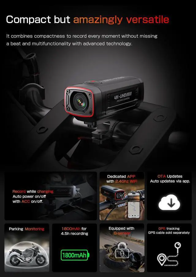 Alt view image 3 of 5 - AKY-710S Motorcycle Camera 4K 28fps, 2K 55fps, Wide-Angle 142°, IP67, 5MP, Loop & Emergency Recording, Parking Monitor, Motorcycle Bike,Outdoor Sports, Rechargeable,32GB Card Included