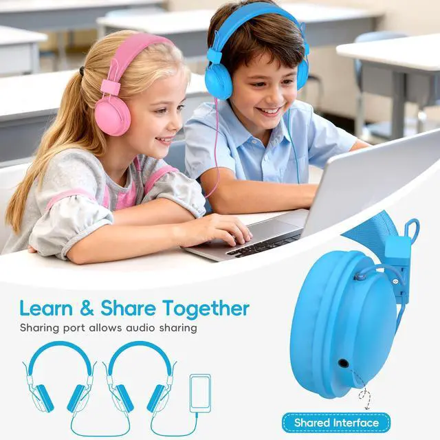Alt view image 4 of 7 - Classroom Headphones 10 Pack with Microphone & Shareport,Multicolor | K-12 Classroom use, Comfortable, 85dB Volume Limit, Shareable & Foldable, 3.5mm Jack, For Chromebook & Online Learning