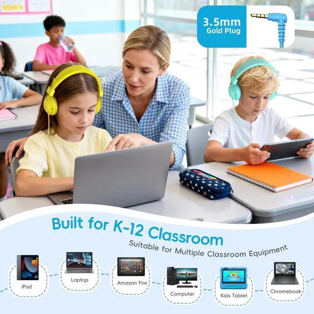 Alt view image 6 of 7 - Classroom Headphones 10 Pack with Microphone & Shareport,Multicolor | K-12 Classroom use, Comfortable, 85dB Volume Limit, Shareable & Foldable, 3.5mm Jack, For Chromebook & Online Learning