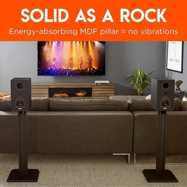 Alt view image 4 of 7 - Universal Floor Speaker Stands - Vibration-Absorbing MDF Design Works with Klipsch, Polk, JBL & Other Bookshelf Speakers Or Studio Monitors - Includes Sound Iso Pads & Carpet Spikes