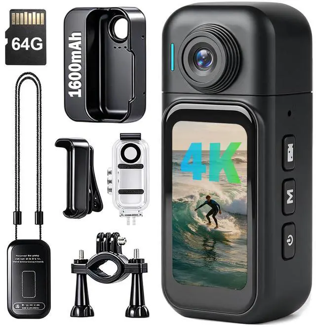 Main image of 4K Mini Body Camera - Wearable POV Cam with Back Clip 64GB | 1.47" Touch Screen,5 Hours Recording,180° Rotating Lens Hands-Free for Vlogging Travel Workers Cycling Motorcycle(Black)