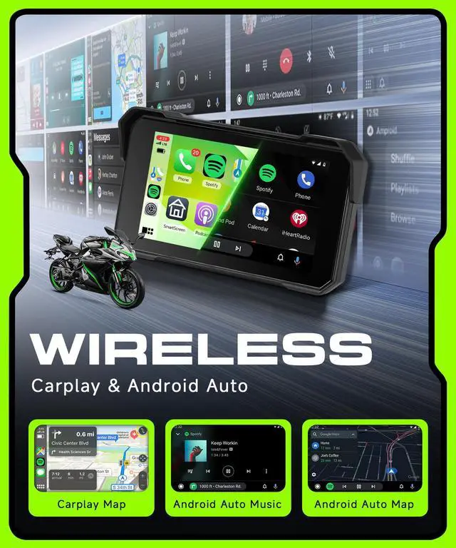 Alt view image 2 of 6 - Motorcycle CarPlay Screen 5 inch Portable Wireless Carplay Android Auto for Motorbike Waterproof Touchscreen, Supports GPS Navigation, Bluetooth, IP68 Waterproof for Motorbike