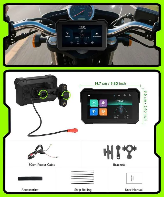 Alt view image 6 of 6 - Motorcycle CarPlay Screen 5 inch Portable Wireless Carplay Android Auto for Motorbike Waterproof Touchscreen, Supports GPS Navigation, Bluetooth, IP68 Waterproof for Motorbike