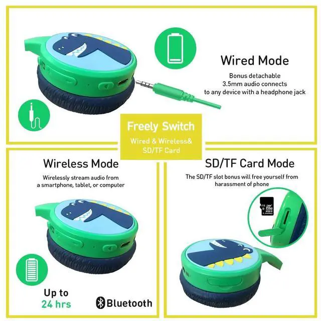 Alt view image 6 of 7 - Kids Bluetooth Headphones, with 85dB Volume Limited Adjustable Headphone, Wireless Bluetooth Headphones, Aux 3.5mm Cable Included for Boys Girls Study, School, Kids Headset for ipad/Tablet