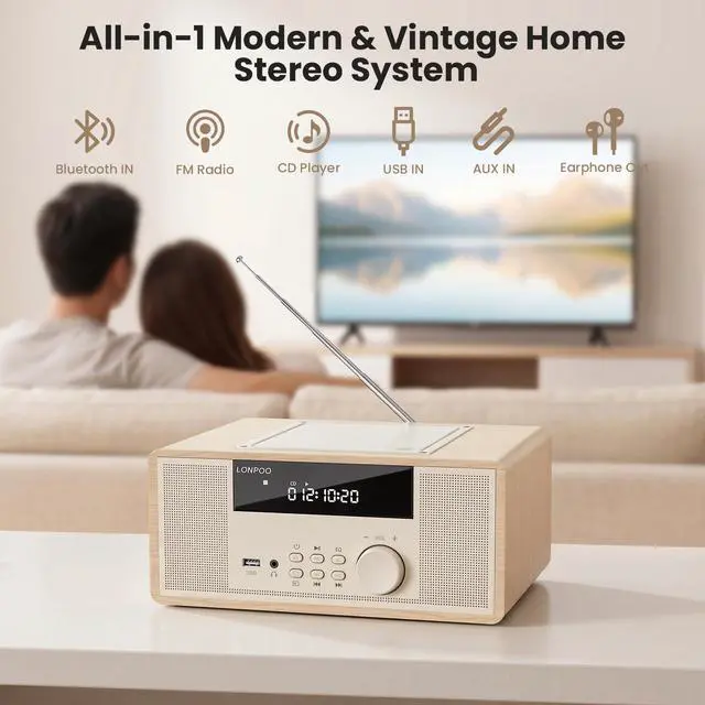 Alt view image 2 of 7 - 30W Compact Stereo System Bluetooth CD Players for Home | With FM Radio, Remote Control, USB/AUX Inputs, Headphone Jack, and DSP Crisp Sound for Living Room, Bedroom