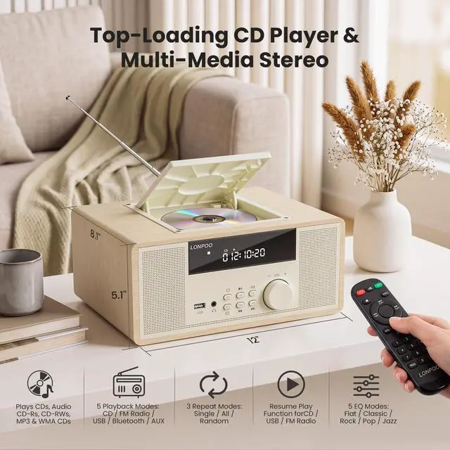 Alt view image 7 of 7 - 30W Compact Stereo System Bluetooth CD Players for Home | With FM Radio, Remote Control, USB/AUX Inputs, Headphone Jack, and DSP Crisp Sound for Living Room, Bedroom