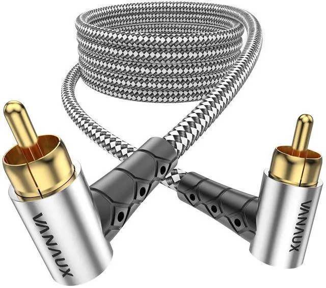 Main image of Subwoofer Cable Double 90 Degree RCA to RCA Audio Stereo Cable Male to Male 24K Gold Plated Connector Nylon Braided Double Shielded Clean Sounding Signal Silver/15ft/4.6m