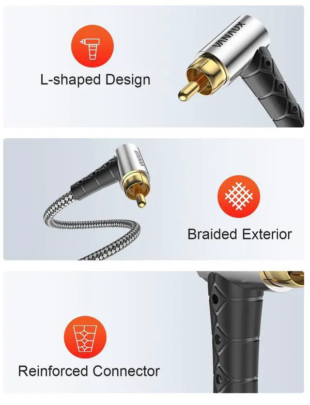 Alt view image 4 of 7 - Subwoofer Cable Double 90 Degree RCA to RCA Audio Stereo Cable Male to Male 24K Gold Plated Connector Nylon Braided Double Shielded Clean Sounding Signal Silver/15ft/4.6m