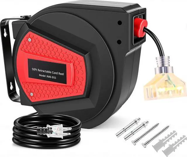 Main image of 50FT Retractable Extension Cord Reel, 14AWG/3C SJTOW Heavy Duty Power Cord Reel with 3 Lighted Outlets, 13A Circuit Breaker, Security Lock, 180° Swivel Mount for Garage Workshop