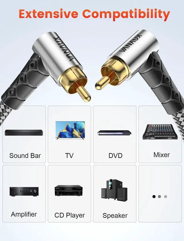 Alt view image 7 of 7 - Subwoofer Cable Double 90 Degree RCA to RCA Audio Stereo Cable Male to Male 24K Gold Plated Connector Nylon Braided Double Shielded Clean Sounding Signal Silver/15ft/4.6m