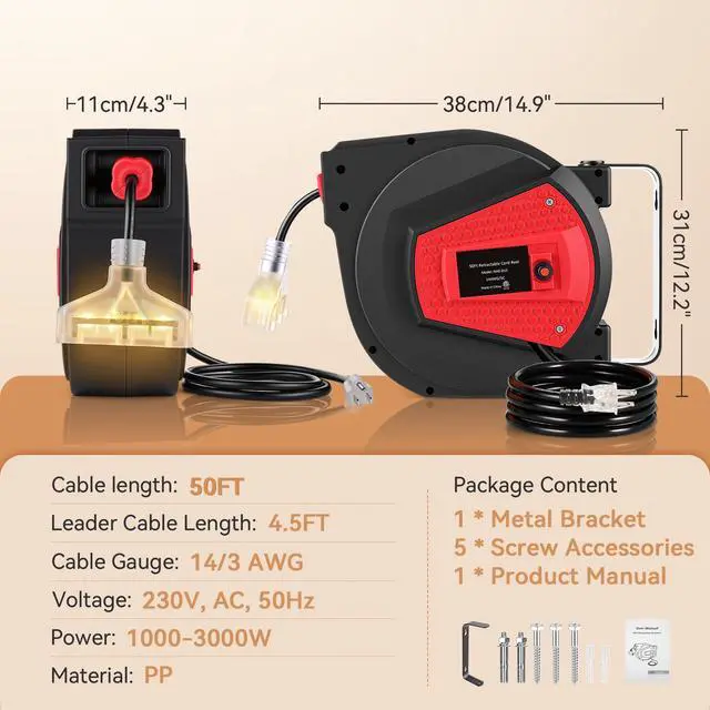 Alt view image 2 of 7 - 50FT Retractable Extension Cord Reel, 14AWG/3C SJTOW Heavy Duty Power Cord Reel with 3 Lighted Outlets, 13A Circuit Breaker, Security Lock, 180° Swivel Mount for Garage Workshop