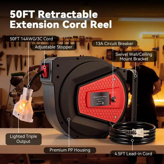 Alt view image 3 of 7 - 50FT Retractable Extension Cord Reel, 14AWG/3C SJTOW Heavy Duty Power Cord Reel with 3 Lighted Outlets, 13A Circuit Breaker, Security Lock, 180° Swivel Mount for Garage Workshop