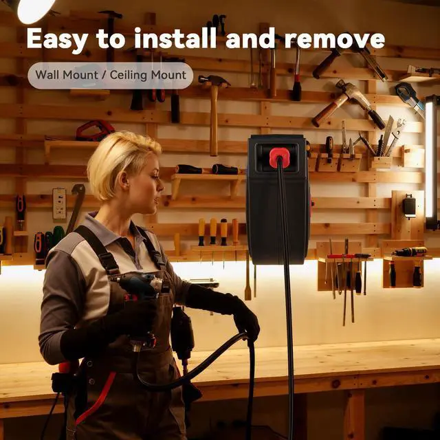Alt view image 6 of 7 - 50FT Retractable Extension Cord Reel, 14AWG/3C SJTOW Heavy Duty Power Cord Reel with 3 Lighted Outlets, 13A Circuit Breaker, Security Lock, 180° Swivel Mount for Garage Workshop
