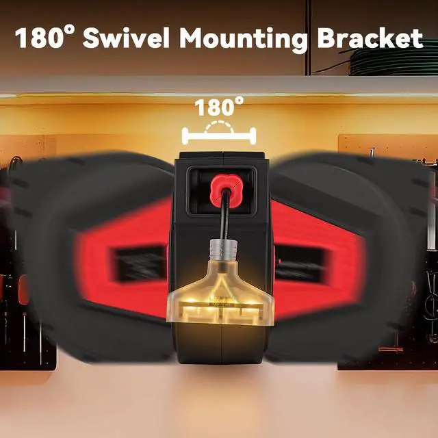 Alt view image 5 of 7 - 50FT Retractable Extension Cord Reel, 14AWG/3C SJTOW Heavy Duty Power Cord Reel with 3 Lighted Outlets, 13A Circuit Breaker, Security Lock, 180° Swivel Mount for Garage Workshop