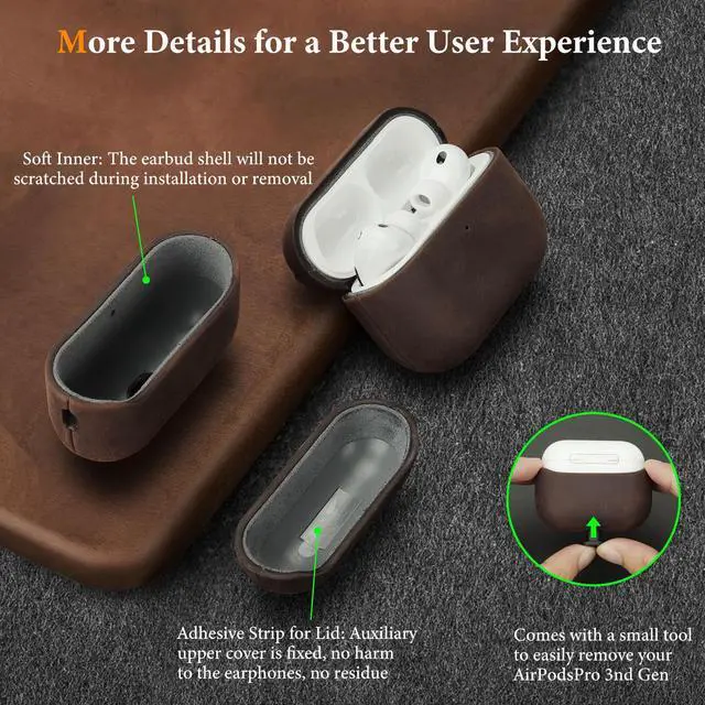 Alt view image 5 of 7 - Genuine Leather AirPods Pro 3 Case Compatible with MagSafe | Handcrafted Vintage Leather Develops Unique Patina. Shockproof Drop Protection Ideal for Business Commute and Daily Use
