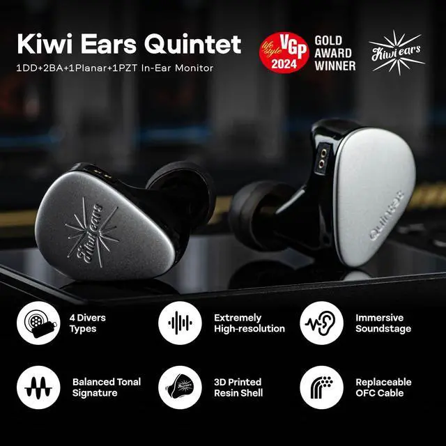 Alt view image 2 of 7 - Kiwi Ears Quintet 1DD + 2BA + 1 Planar + 1 PZT Hybrid IEMs | with Detachable Silver-Plated OFC Cable, Metal Faceplate, 3D-Printed Resin Shell for Musicians Audiophiles