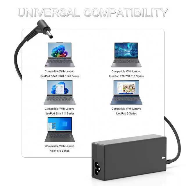 Alt view image 3 of 6 - 65W Laptop Charger for Lenovo IdeaPad 3 1 Flex 4 5 6 | Compatible with Flex 1470 1480 1570 1580, Ideapad 110 330 330s 510 520 530s 710s S145 S340 Power Supply