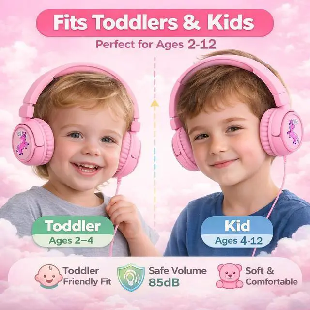 Alt view image 2 of 7 - K6 Kids Headphones for Toddler & Kids Ages 2-12, 85/94dB Safe Volume Limited, Wired with 3.5mm Jack, HD Microphone, Adjustable & Foldable, On-Ear Headphones for Tablet, School, Travel, iPad