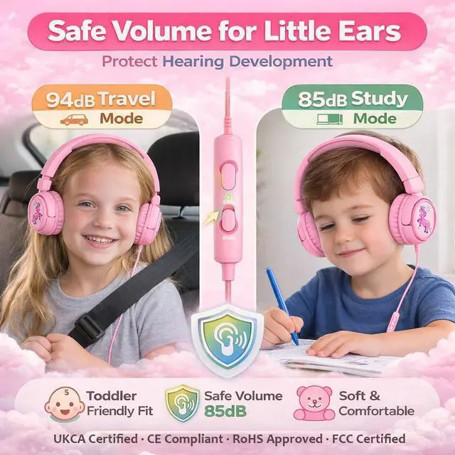 Alt view image 3 of 7 - K6 Kids Headphones for Toddler & Kids Ages 2-12, 85/94dB Safe Volume Limited, Wired with 3.5mm Jack, HD Microphone, Adjustable & Foldable, On-Ear Headphones for Tablet, School, Travel, iPad