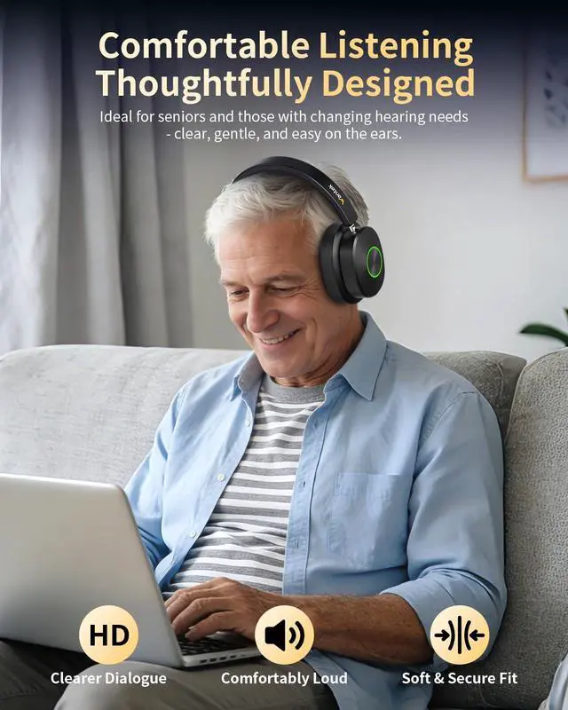Alt view image 6 of 7 - Wireless Headphones for TV Watching, TV Headphones Wireless for Seniors with Transmitter Charging Base, No Delay Bluetooth Headset for Hard of Hearing, Plug and Play