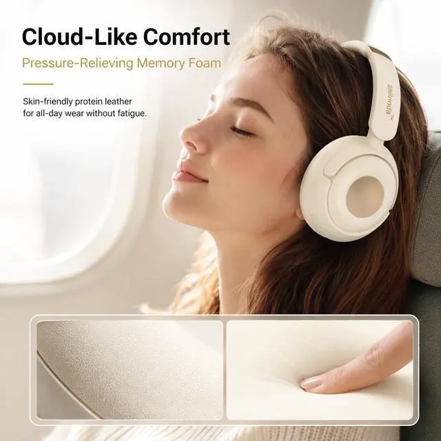 Alt view image 3 of 7 - H01 Hybrid ANC Bluetooth 5.4 Over Ear Headphones, Champagne Cream | 40H battery, fast charge, multipoint connection, memory foam earpads, foldable, includes AUX cable, for work & travel