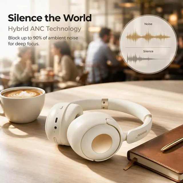 Alt view image 2 of 7 - H01 Hybrid ANC Bluetooth 5.4 Over Ear Headphones, Champagne Cream | 40H battery, fast charge, multipoint connection, memory foam earpads, foldable, includes AUX cable, for work & travel