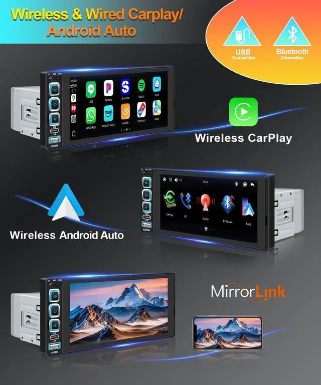Alt view image 2 of 7 - Single Din Car Stereo:Wireless Apple CarPlay Car Radio with Bluetooth 5.2 | 6.9" IPS 1280 * 480 Capacitance Touchscreen, FM Radio,Car Audio Receicers,Night Vision,Backup Camera,Android Auto,USB Type-c