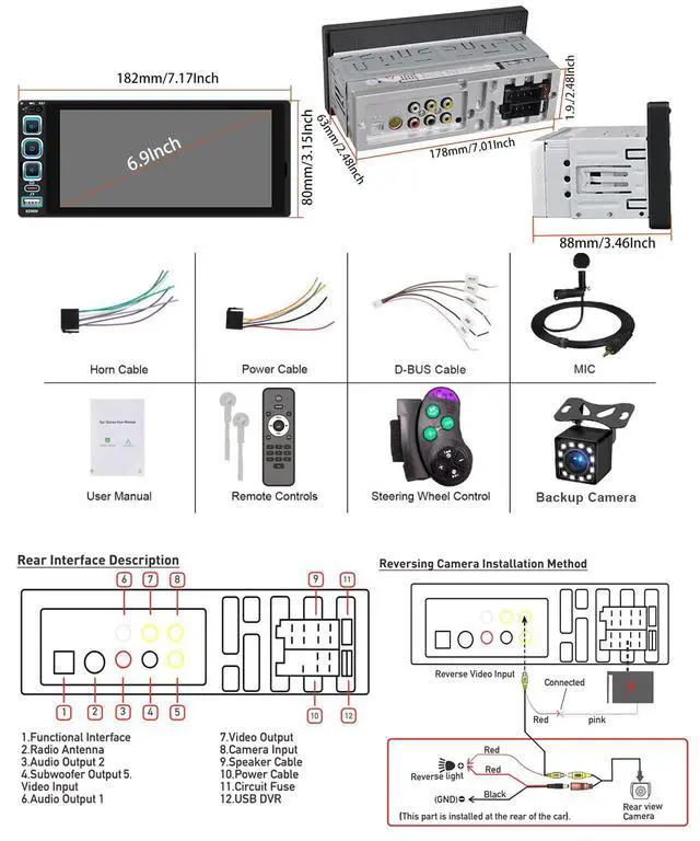 Alt view image 7 of 7 - Single Din Car Stereo:Wireless Apple CarPlay Car Radio with Bluetooth 5.2 | 6.9" IPS 1280 * 480 Capacitance Touchscreen, FM Radio,Car Audio Receicers,Night Vision,Backup Camera,Android Auto,USB Type-c