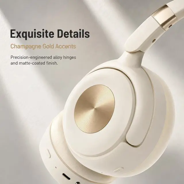 Alt view image 4 of 7 - H01 Hybrid ANC Bluetooth 5.4 Over Ear Headphones, Champagne Cream | 40H battery, fast charge, multipoint connection, memory foam earpads, foldable, includes AUX cable, for work & travel