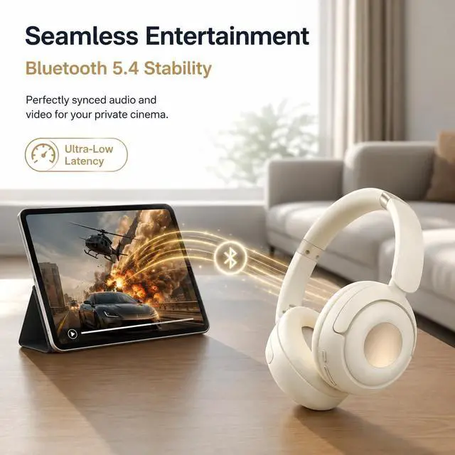 Alt view image 5 of 7 - H01 Hybrid ANC Bluetooth 5.4 Over Ear Headphones, Champagne Cream | 40H battery, fast charge, multipoint connection, memory foam earpads, foldable, includes AUX cable, for work & travel