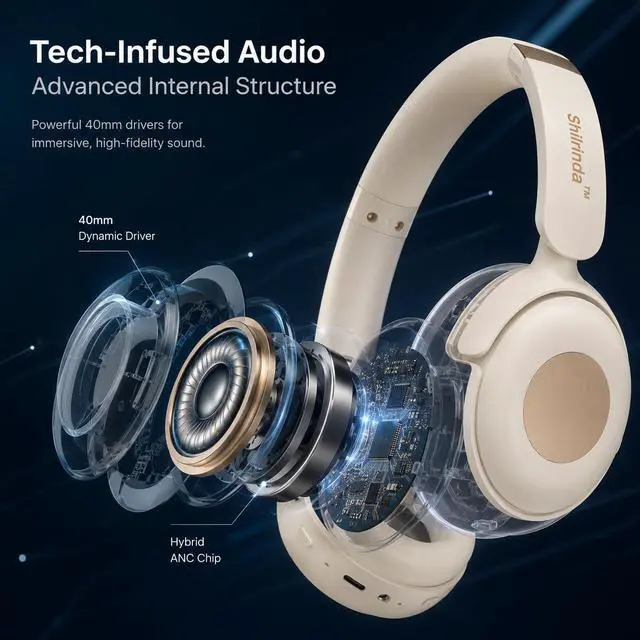 Alt view image 6 of 7 - H01 Hybrid ANC Bluetooth 5.4 Over Ear Headphones, Champagne Cream | 40H battery, fast charge, multipoint connection, memory foam earpads, foldable, includes AUX cable, for work & travel
