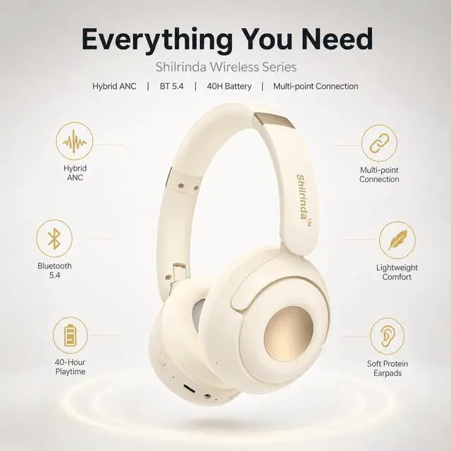Alt view image 7 of 7 - H01 Hybrid ANC Bluetooth 5.4 Over Ear Headphones, Champagne Cream | 40H battery, fast charge, multipoint connection, memory foam earpads, foldable, includes AUX cable, for work & travel