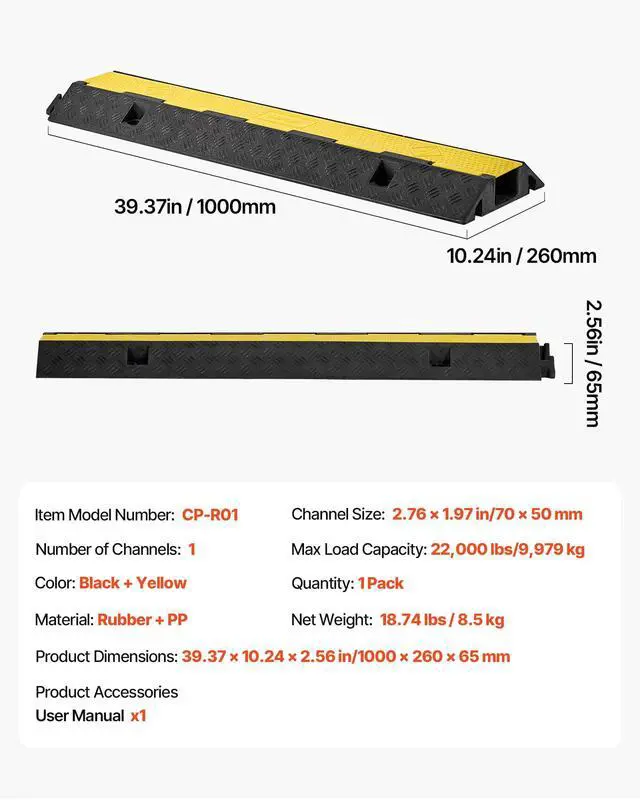 Alt view image 7 of 7 - Cable Protector Ramp, 1 Channel Heavy Duty 39.37'' Rubber Cord Hose Wire Cover, 2.76''W x 1.97''H Channel Size, Traffic Speed Bump with Flip-Open Top Cover, for Indoor Outdoor Use