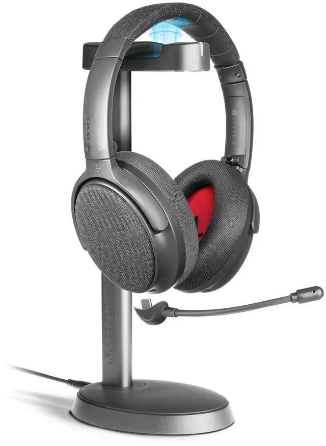 Main image of Fokus Plus Hybrid Active Noise Cancelling Bluetooth Headset, 50H Playtime, with Headphone Stand Wirelessly Charges Your Headphones, Removable Boom Mic, Multipoint, Home Work Travel- Dusk Grey