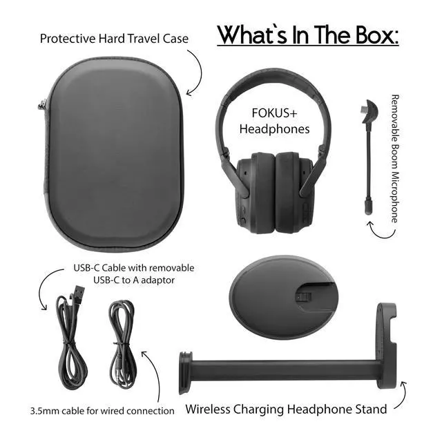 Alt view image 3 of 7 - Fokus Plus Hybrid Active Noise Cancelling Bluetooth Headset, 50H Playtime, with Headphone Stand Wirelessly Charges Your Headphones, Removable Boom Mic, Multipoint, Home Work Travel- Dusk Grey