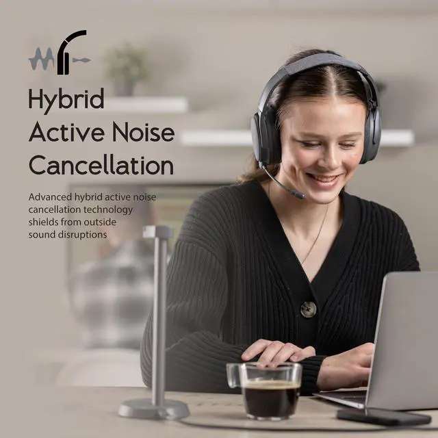 Alt view image 4 of 7 - Fokus Plus Hybrid Active Noise Cancelling Bluetooth Headset, 50H Playtime, with Headphone Stand Wirelessly Charges Your Headphones, Removable Boom Mic, Multipoint, Home Work Travel- Dusk Grey