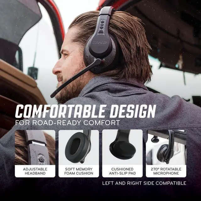 Alt view image 2 of 7 - RW2 Bluetooth Trucker Headset 40mm Driver ENC Mic | Battery Indicator, 30+ Hour Battery Life, 100ft Wireless Range, IP54 Rated, Noise Cancelling Microphone, Over-Ear Fit