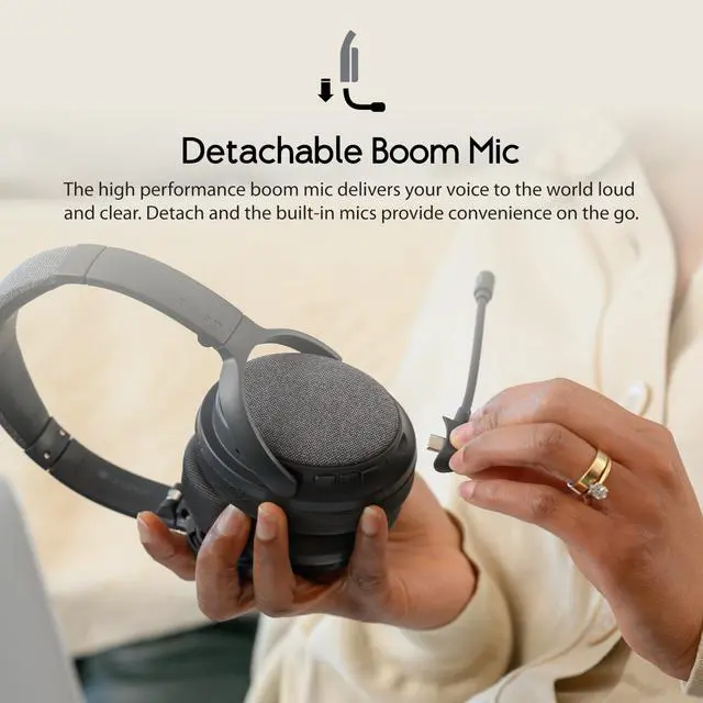 Alt view image 7 of 7 - Fokus Plus Hybrid Active Noise Cancelling Bluetooth Headset, 50H Playtime, with Headphone Stand Wirelessly Charges Your Headphones, Removable Boom Mic, Multipoint, Home Work Travel- Dusk Grey