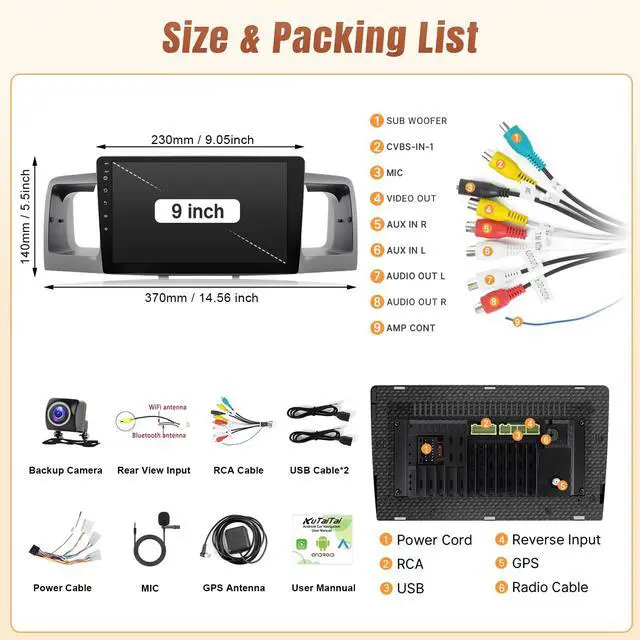 Alt view image 6 of 7 - 2+32GB Car Radio for Toyota Corolla 2003 2004 2005 2006 2007 2008 | Upgraded Android 12 Car Stereo, 9 Inch IPS Touchscreen Head Unit, 4Core Screen with Camera Carplay Android Auto WiFi GPS FM