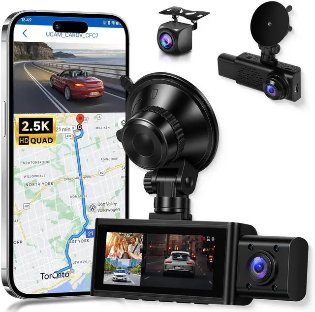 Main image of 3 Channel Triple Dash Cam, 2.5K Front + 1080P Cabin Rear Car Camera Recorder, 3.16 Inch Screen with WiFi GPS, Low-Light Night Vision, G-Sensor, 24/7 Time-Lapse Parking Loop Recording