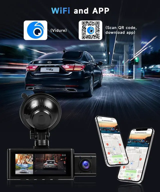 Alt view image 2 of 7 - 3 Channel Triple Dash Cam, 2.5K Front + 1080P Cabin Rear Car Camera Recorder, 3.16 Inch Screen with WiFi GPS, Low-Light Night Vision, G-Sensor, 24/7 Time-Lapse Parking Loop Recording